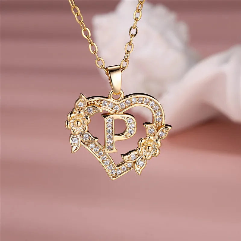 A-Z Letter Flower Heart Pendant Necklace قلادة على شكل زهرة على شكل قلب وحرف