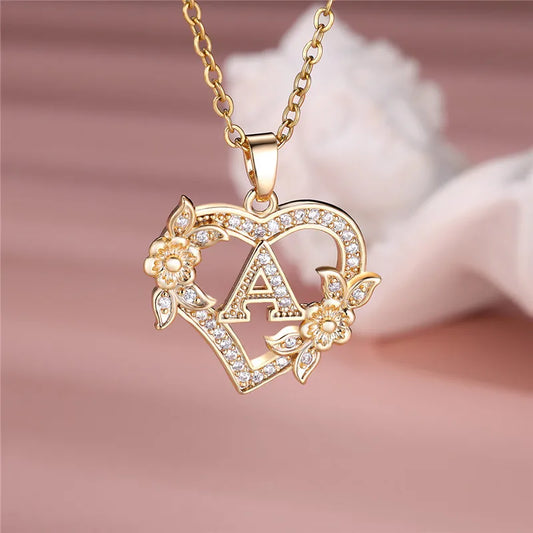 A-Z Letter Flower Heart Pendant Necklace قلادة على شكل زهرة على شكل قلب وحرف